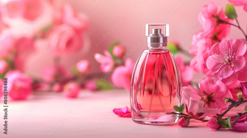 Chic perfume container amidst soft pink roses suggesting romantic and luxurious aesthetic Chic perfume container amidst soft pink roses suggesting romantic and luxurious aesthetic