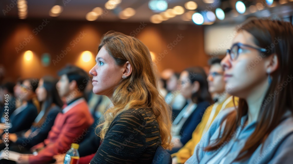 Multi-ethnic audience at a seminar with focus on the speaker at the front in a modern venue Multi-ethnic audience at a seminar with focus on the speaker at the front in a modern venue