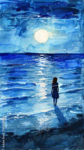  A woman walking on the watercolor blue sea at the moonlight night.