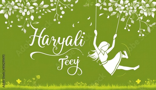 Girl swinging in the air with white text Haryali Teej on green background. photo