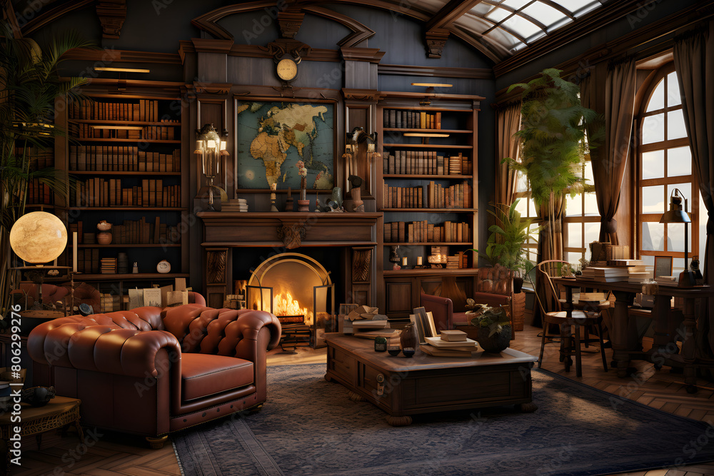 officeroom with globe decoration on the wall and bookshelfs, offie reading room, library, bookshelfs officeroom with globe decoration on the wall and bookshelfs, offie reading room, library, bookshelfs