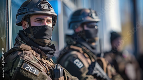 An elite police unit, clad in tactical gear, exemplifies readiness and teamwork in a city environment
