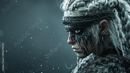 Portrait side view of a fierce viking female warrior with white braided hair and black face paint markings