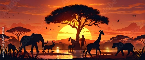 A majestic African sunset bathes wildlife in a warm glow. Natural beauty, interconnection. Vector illustration. Generative AI