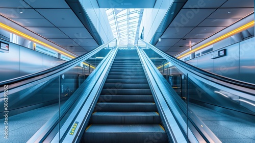 The sleek and modern design of an airport escalator conveys motion and the fast pace of contemporary travel photo