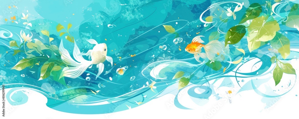A background of light blue and white swirls with green leaves, goldfish swimming in the water, Japanese A background of light blue and white swirls with green leaves, goldfish swimming in the water, Japanese