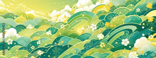 A background of green and yellow Japanese patterns  with waves in the sky  shining stars  Japanese patterns  a green background