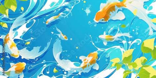 A background of light blue and white swirls with green leaves  goldfish swimming in the water  Japanese