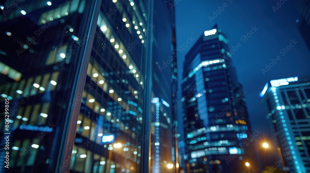 Image captures the blur of blue illuminated modern office buildings at night, reflecting urban life Image captures the blur of blue illuminated modern office buildings at night, reflecting urban life