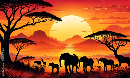 A majestic African sunset bathes wildlife in a warm glow. Natural beauty, interconnection. Vector illustration. Generative AI