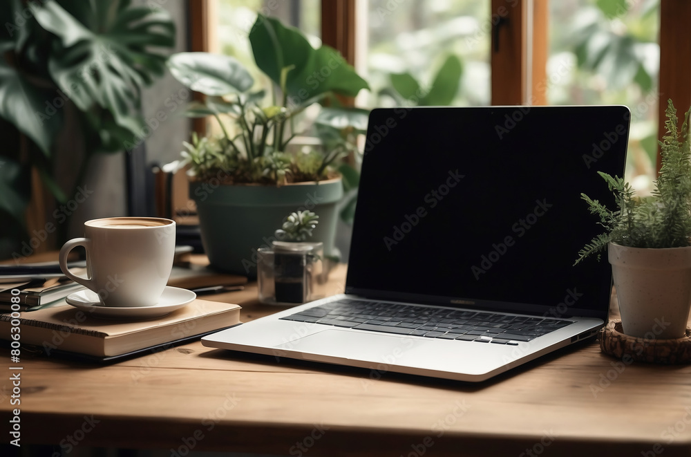Private Workspace Setup Featuring a Laptop, Coffee Cup, and Lush Indoor Plants on a Wooden Table by a Window Private Workspace Setup Featuring a Laptop, Coffee Cup, and Lush Indoor Plants on a Wooden Table by a Window