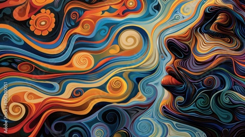 Colorful abstract painting of a woman's profile. The background is a swirling pattern of orange, blue and red.