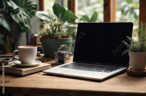Private Workspace Setup Featuring a Laptop, Coffee Cup, and Lush Indoor Plants on a Wooden Table by a Window