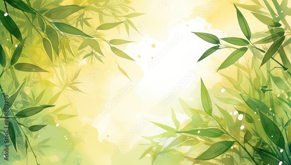 Naklejka premium Abstract background with bamboo, green and yellow colors, Chinese art, green bamboo leaves, blurred light green landscape in the foreground, ink painting style, watercolor