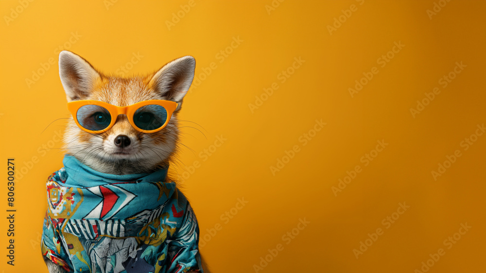 Süßer kleiner Mischling Hund mit Kleidung und Sonnenbrile schaut in die Kamera als Cartoon Poster