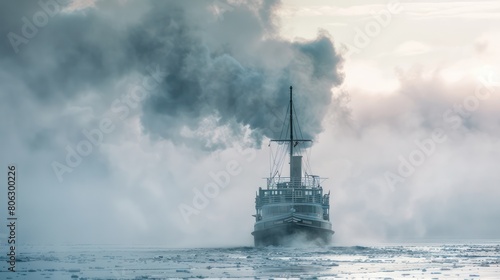 A haunting ship emerges from the mist, making its way through icy waters with a dramatic backdrop of clouds photo