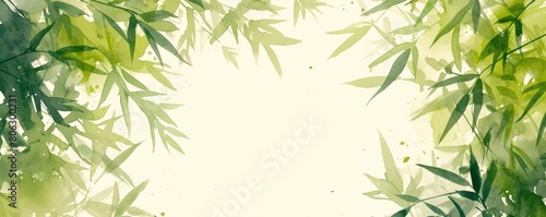 Abstract background with bamboo  green and yellow colors  Chinese art  green bamboo leaves  blurred light green landscape in the foreground  ink painting style  watercolor