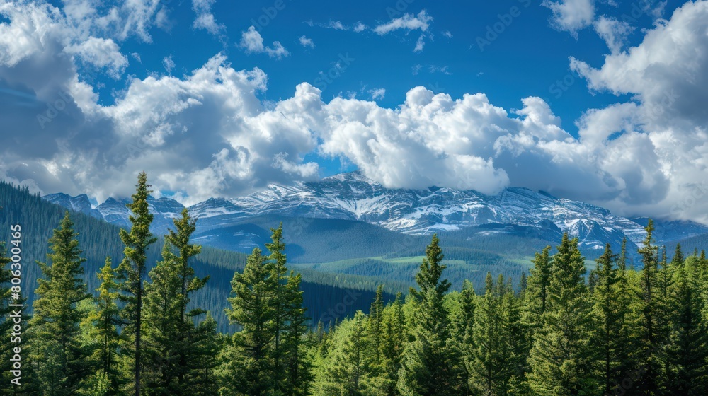 A breathtaking view of a snow-capped mountain range behind a serene forest, showcasing nature's grandeur