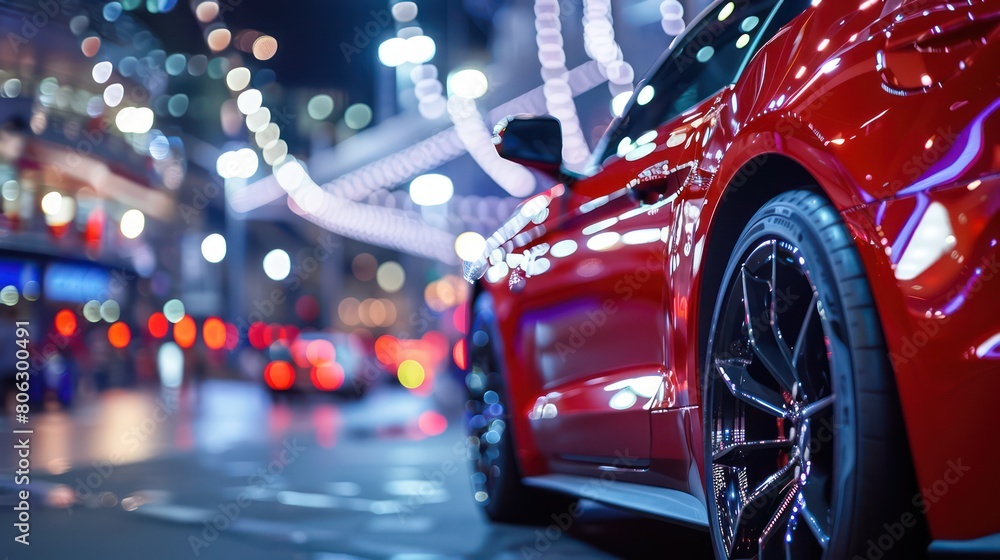 An energetic nocturnal city scene with a glossy red sports car under vibrant street lights, reflecting affluence An energetic nocturnal city scene with a glossy red sports car under vibrant street lights, reflecting affluence