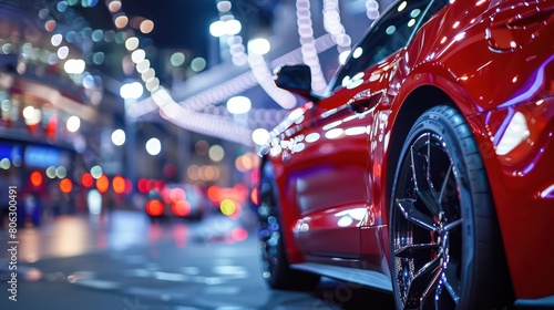 An energetic nocturnal city scene with a glossy red sports car under vibrant street lights, reflecting affluence photo