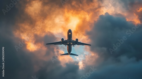 A commercial airliner is captured mid-flight against a dramatic backdrop of golden sunset clouds  showcasing the beauty of travel