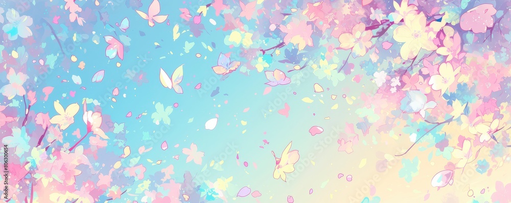 Cute pastel background with cherry blossom petals, blurcolor, pastel colors, lots of pink and yellow and blue and green and white. Cute pastel background with cherry blossom petals, blurcolor, pastel colors, lots of pink and yellow and blue and green and white.
