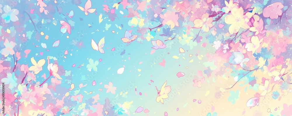 Cute pastel background with cherry blossom petals, blurcolor, pastel colors, lots of pink and yellow and blue and green and white.