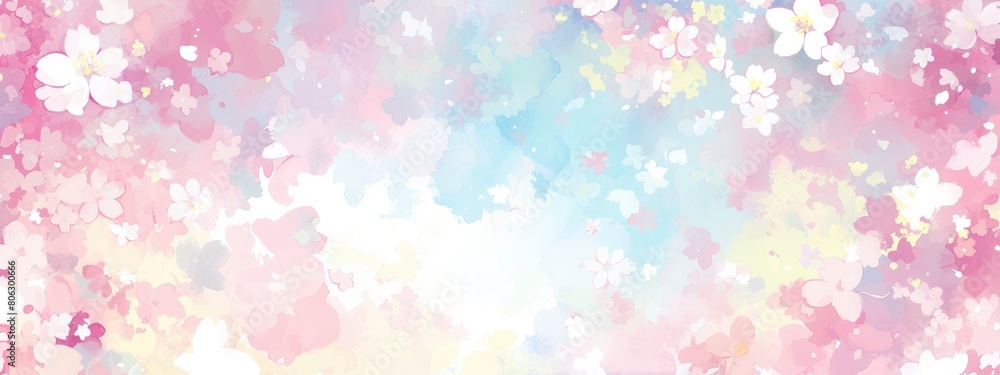 Cute pastel background with cherry blossom petals, blurcolor, pastel colors, lots of pink and yellow and blue and green and white.