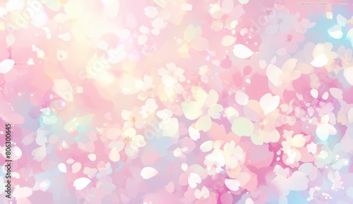 Cute pastel background with cherry blossom petals, blurcolor, pastel colors, lots of pink and yellow and blue and green and white.