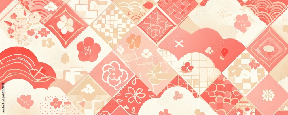 Peach pink and beige pastel seamless pattern with Japanese geometric shapes, checkered squares, and traditional wave patterns in traditional Japanese. Peach pink and beige pastel seamless pattern with Japanese geometric shapes, checkered squares, and traditional wave patterns in traditional Japanese.