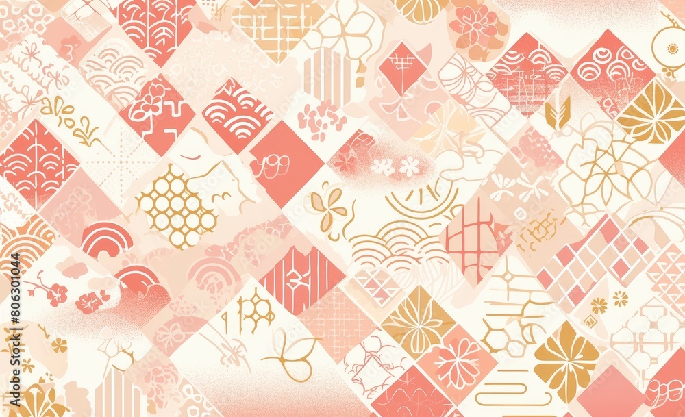 Peach pink and beige pastel seamless pattern with Japanese geometric shapes, checkered squares, and traditional wave patterns in traditional Japanese. Peach pink and beige pastel seamless pattern with Japanese geometric shapes, checkered squares, and traditional wave patterns in traditional Japanese.