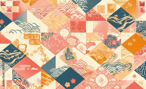 Peach pink and beige pastel seamless pattern with Japanese geometric shapes, checkered squares, and traditional wave patterns in traditional Japanese.