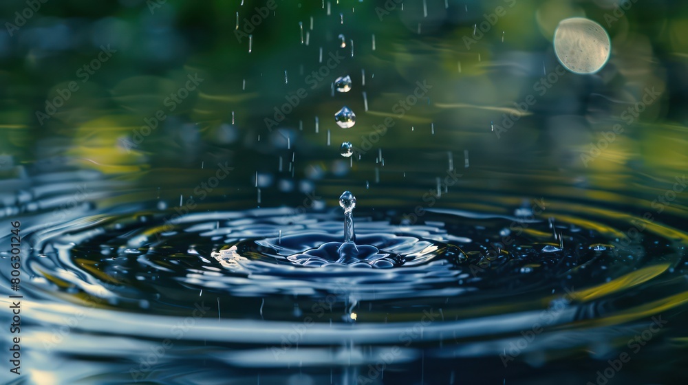 Macro shot capturing the moment a single droplet impacts the water surface, creating a symmetrical ripple effect Macro shot capturing the moment a single droplet impacts the water surface, creating a symmetrical ripple effect