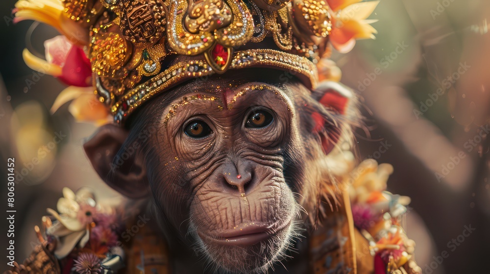 A captivating close-up of a little monkey adorned with a golden crown and traditional facial expressions