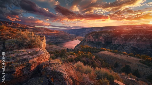 Breathtaking canyon vista with a river meandering through, under the warm glow of sunset reflecting off dynamic cloud formations and rugged terrain