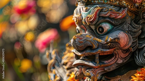 An image focused on the fierce expression of a Balinese mask, highlighting traditional art and craftsmanship