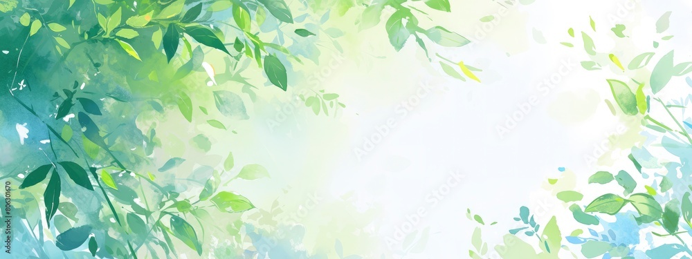 White background, light green and blue color theme, light white space with blurred leaves, simple background, light gradient background, watercolor painting effect, digital art, brushstrokes White background, light green and blue color theme, light white space with blurred leaves, simple background, light gradient background, watercolor painting effect, digital art, brushstrokes