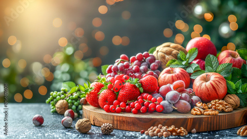 Vibrant display of nature's bounty with apples, berries, and nuts, promoting concept of clean eating and health benefits of natural, unprocessed foods photo