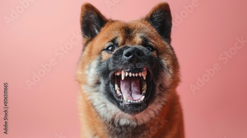 Akita, angry dog baring its teeth, studio lighting pastel background