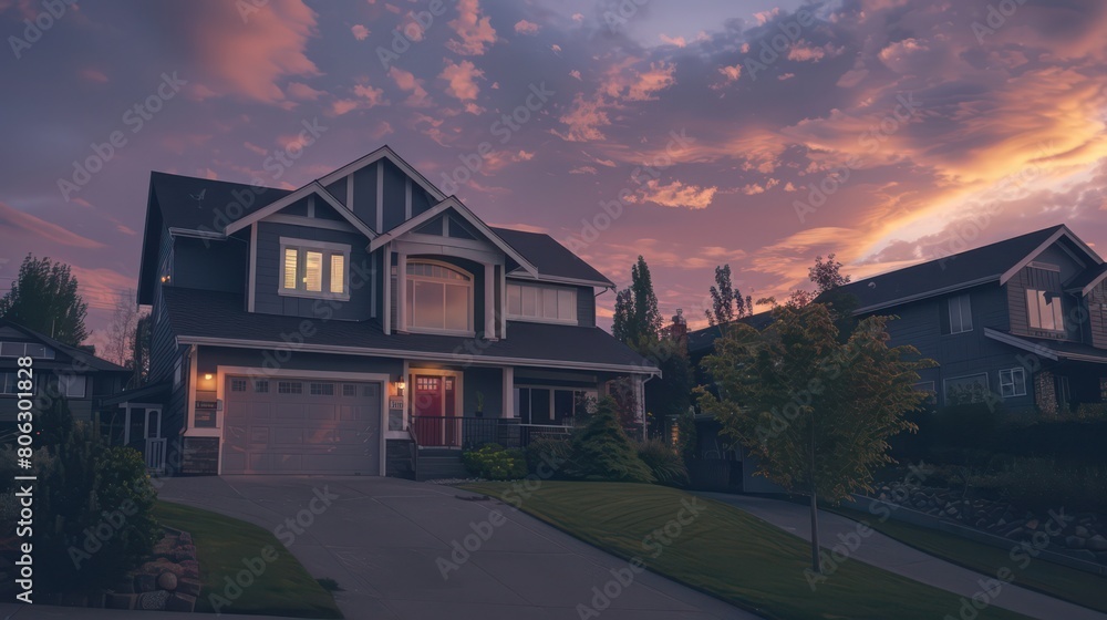A picturesque suburban house set against a stunning sky painted with shades of purple and orange, invoking a serene suburban life A picturesque suburban house set against a stunning sky painted with shades of purple and orange, invoking a serene suburban life
