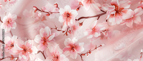 Beautiful Japanese cherry blossom print in varying shades of pink on a light background.