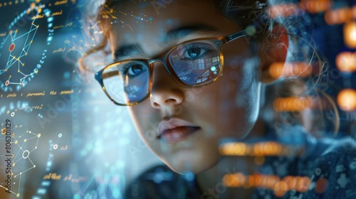 A woman wearing glasses looks at a screen with data and codes on it.
