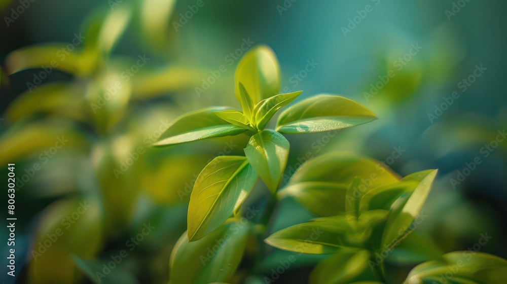 Obraz premium Gentle light bathes a lush green plant in a soft focus, conveying a sense of growth and serene natural beauty