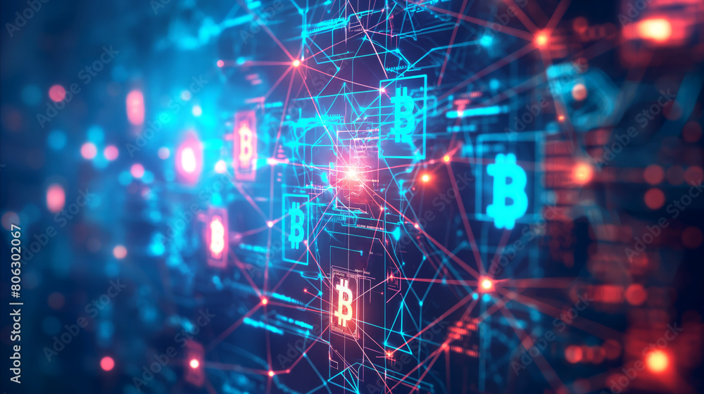 Fototapeta premium Illustration of digital cryptocurrency, Bitcoin. Multiple Bitcoin symbols illuminated in vibrant blue hue, interconnected by lines and dots symbolized blockchain technology, digital currency