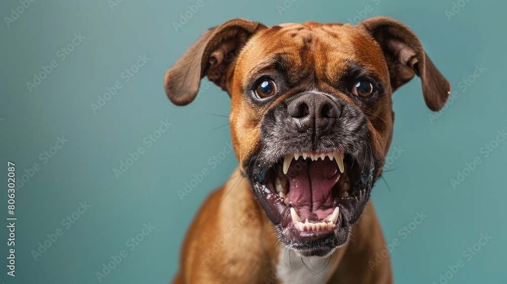 Boxer, angry dog baring its teeth, studio lighting pastel background Boxer, angry dog baring its teeth, studio lighting pastel background