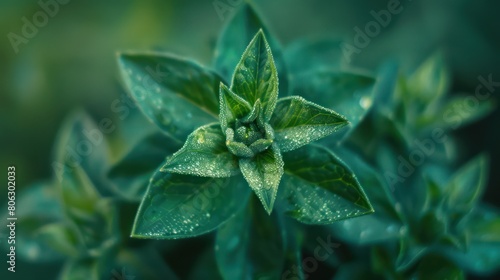 Closeup of green plants with dew drops emphasizing freshness and vitality in a tranquil nature scene