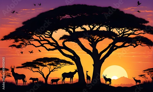 A majestic African sunset bathes wildlife in a warm glow. Natural beauty  interconnection. Vector illustration. Generative AI