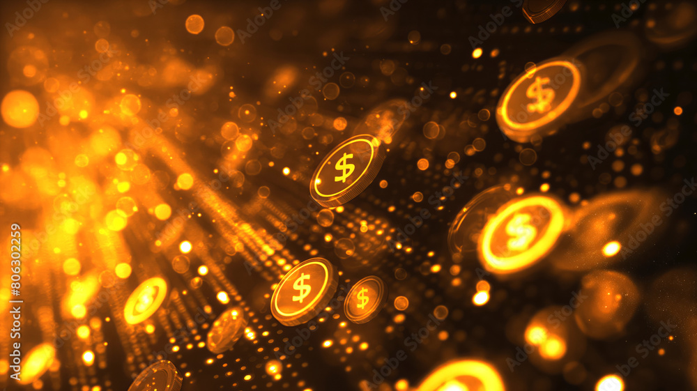 Obraz premium Dynamic and abstract representation of digital currency, golden dollar symbols illuminated and floating amidst backdrop of radiant light beams and bokeh effect, ideal for financial theme as background