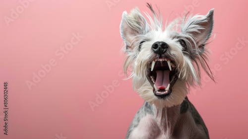 Chinese Crested, angry dog baring its teeth, studio lighting pastel background photo