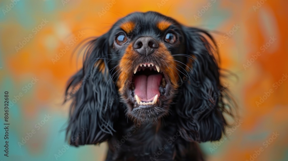 Cocker Spaniel, angry dog baring its teeth, studio lighting pastel background Cocker Spaniel, angry dog baring its teeth, studio lighting pastel background
